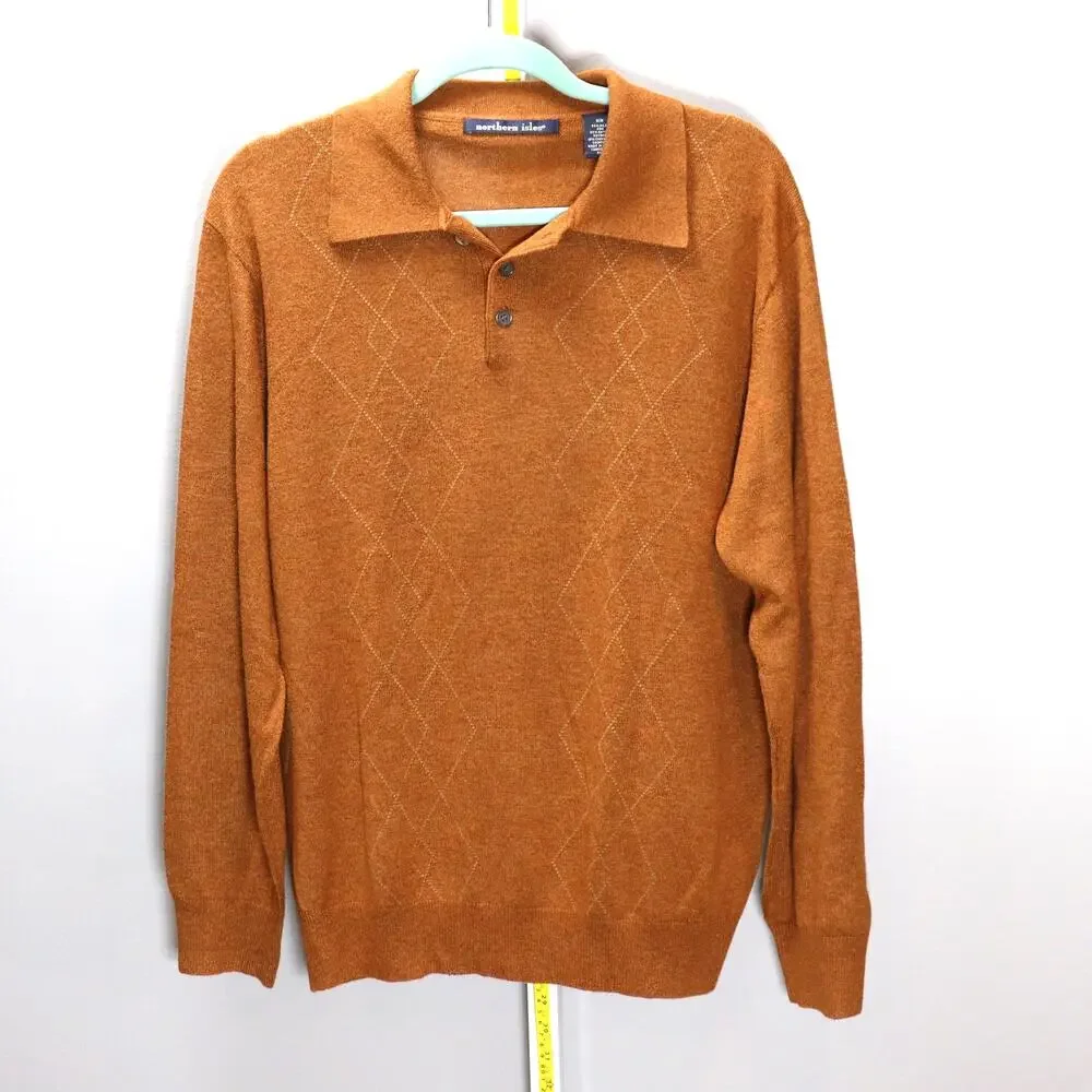 Northern Isles Silk Cashmere Blend Polo Sweater Brown Argyle Men’s Size M